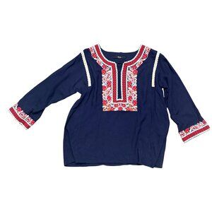 Another Edition Women's Peasant Blouse Navy Blue Embroidered Floral Boho Summer